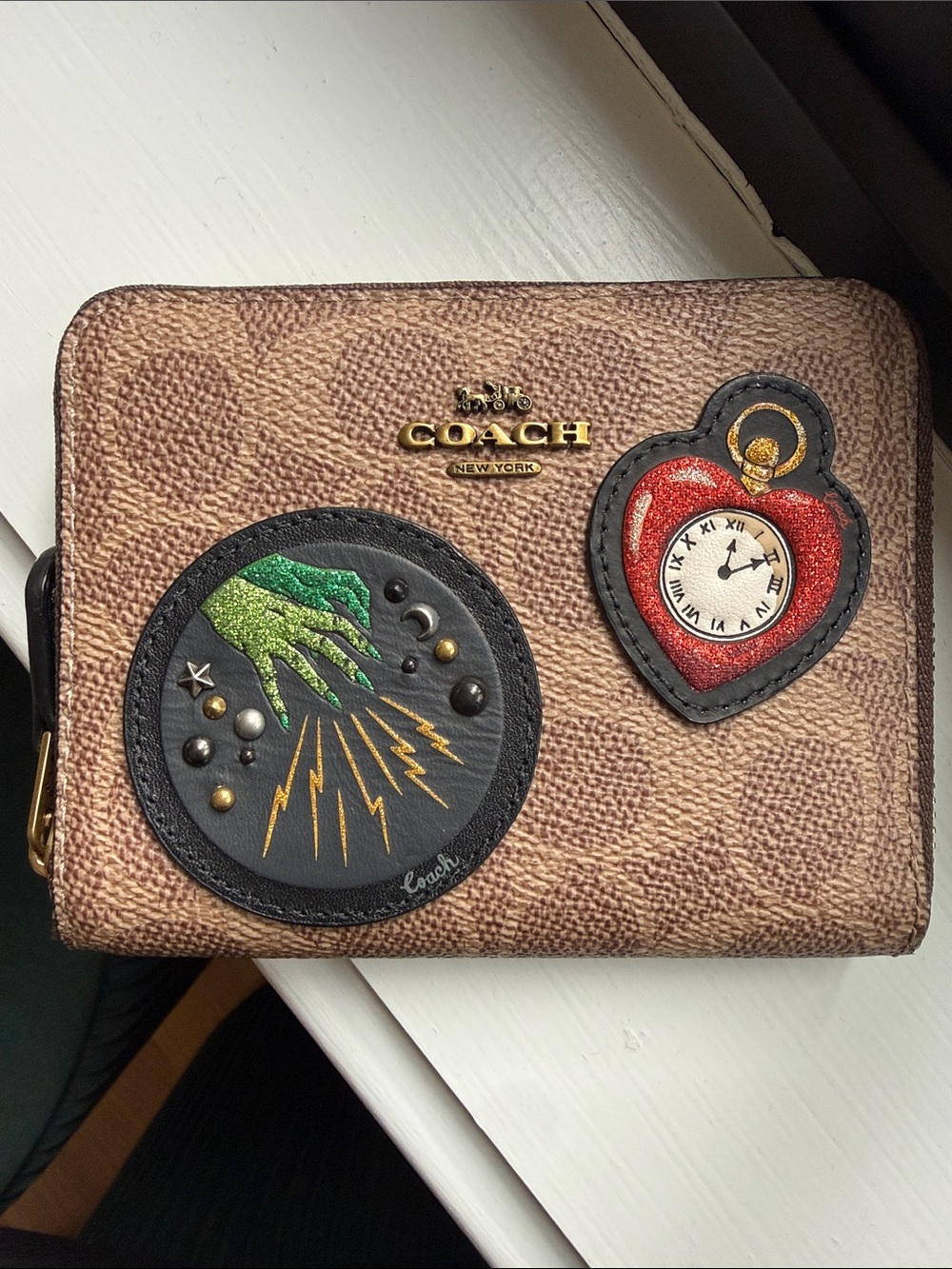 Coach Brown Signature Patch Appliqué Zip Wallet with Green and Red Accents